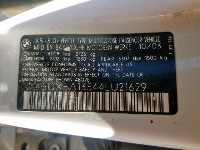 5UXFA13544LU21629 - 2004 BMW X5 3.0I WHITE photo 10