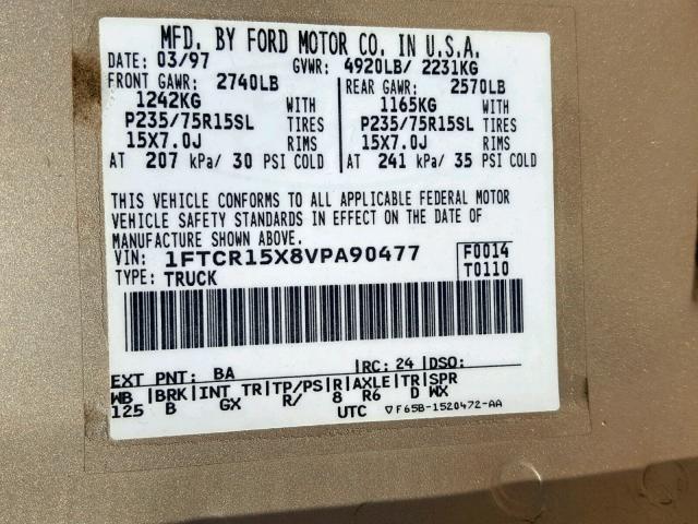 1FTCR15X8VPA90477 - 1997 FORD RANGER SUP GOLD photo 10