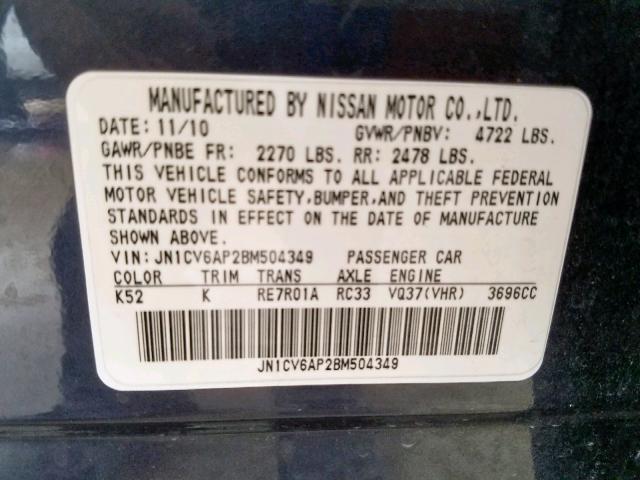 JN1CV6AP2BM504349 - 2011 INFINITI G37 BASE BLUE photo 10