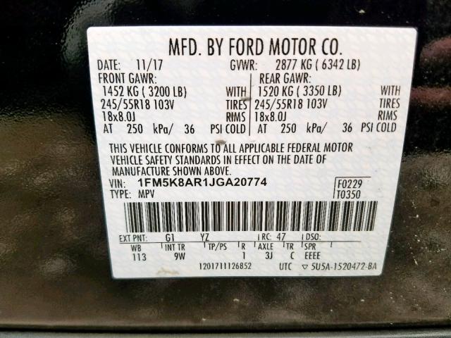 1FM5K8AR1JGA20774 - 2018 FORD EXPLORER P BLACK photo 10