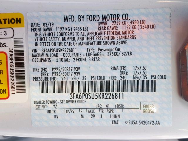 3FA6P0SU5KR226811 - 2019 FORD FUSION TIT WHITE photo 10