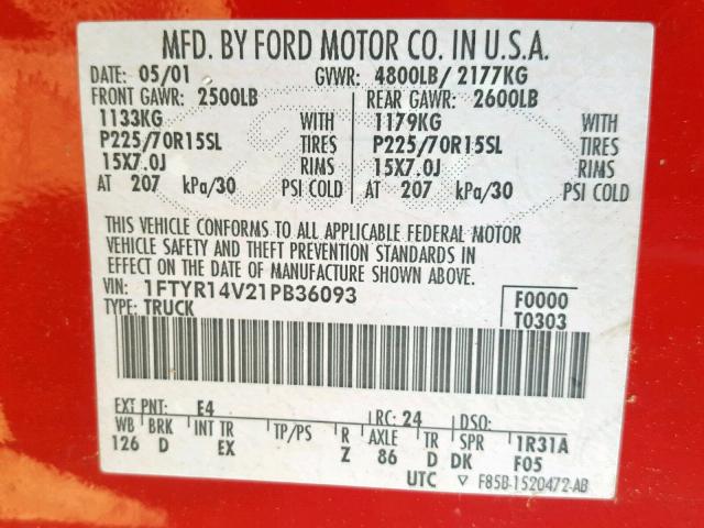 1FTYR14V21PB36093 - 2001 FORD RANGER SUP RED photo 10