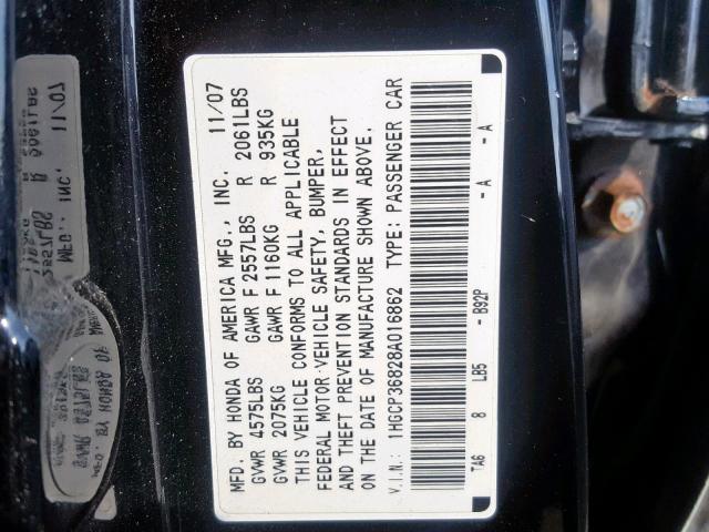 1HGCP36828A016862 - 2008 HONDA ACCORD EXL BLACK photo 10