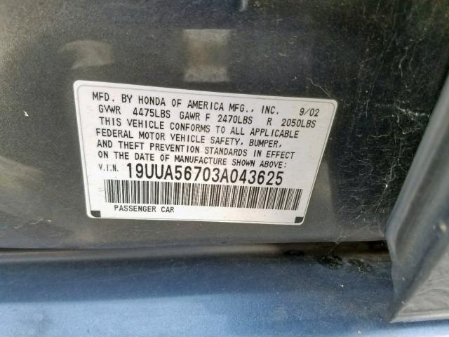 19UUA56703A043625 - 2003 ACURA 3.2TL GRAY photo 10