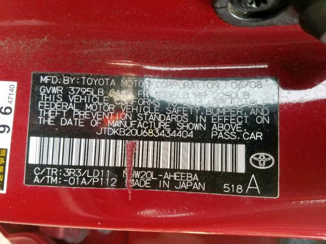 JTDKB20U683434404 - 2008 TOYOTA PRIUS RED photo 10