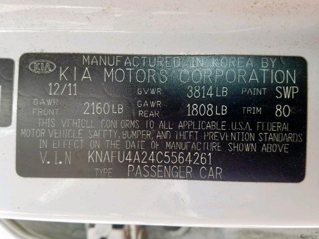 KNAFU4A24C5564261 - 2012 KIA FORTE EX WHITE photo 10