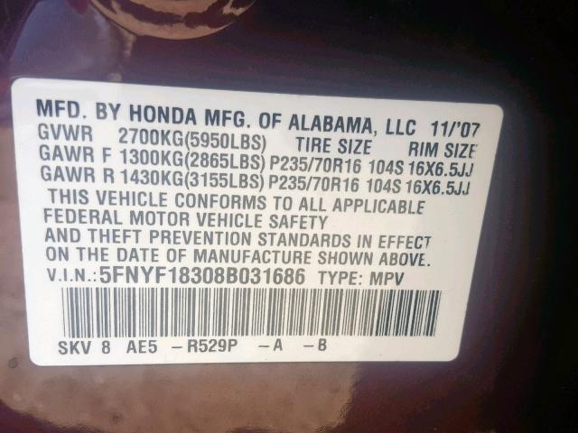 5FNYF18308B031686 - 2008 HONDA PILOT SE BURGUNDY photo 10