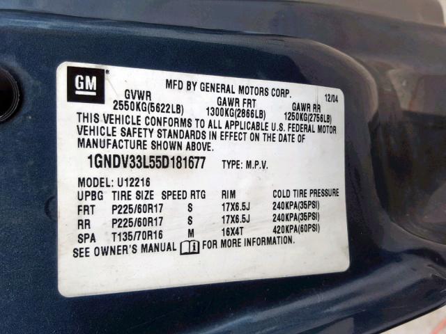 1GNDV33L55D181677 - 2005 CHEVROLET UPLANDER L BLUE photo 10