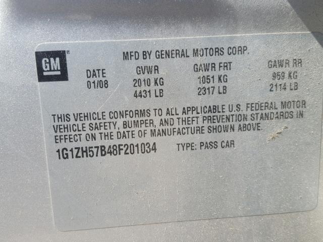 1G1ZH57B48F201034 - 2008 CHEVROLET MALIBU 1LT 银色 照片 10