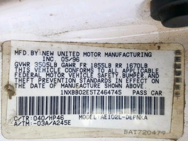 1NXBB02E5TZ464745 - 1996 TOYOTA COROLLA DX WHITE photo 10