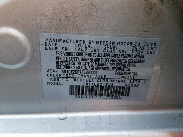 3N1CE2CP7FL390001 - 2015 NISSAN VERSA NOTE SILVER photo 10