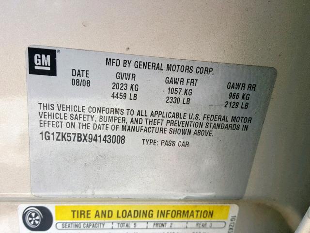 1G1ZK57BX94143008 - 2009 CHEVROLET MALIBU LTZ ბეჟი ფოტო 10