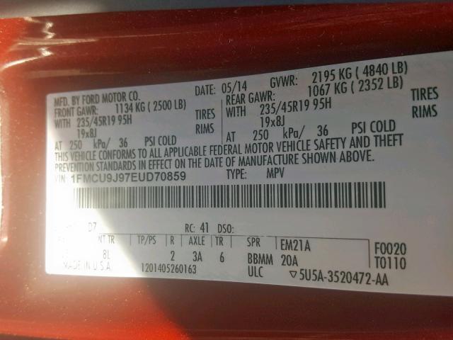 1FMCU9J97EUD70859 - 2014 FORD ESCAPE TIT RED photo 10