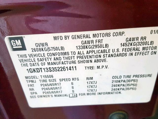 1GKDT13S352261411 - 2005 GMC ENVOY MAROON photo 10