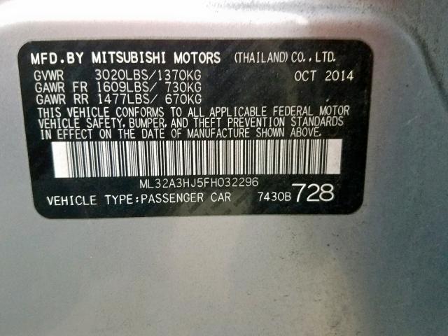 ML32A3HJ5FH032296 - 2015 MITSUBISHI MIRAGE DE SILVER photo 10