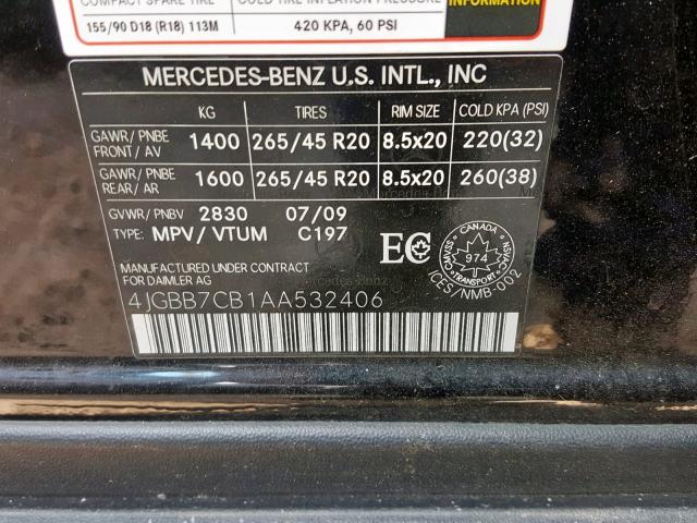 4JGBB7CB1AA532406 - 2010 MERCEDES-BENZ ML 550 4MA BLACK photo 10