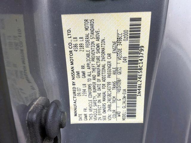 1N4BL24E58C143799 - 2008 NISSAN ALTIMA 3.5 SILVER photo 10