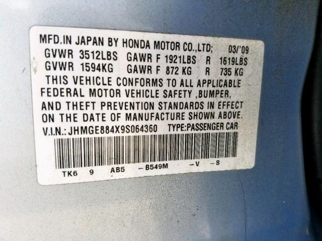 JHMGE884X9S064360 - 2009 HONDA FIT SPORT SILVER photo 10