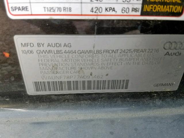 WAUNF78P77A091462 - 2007 AUDI A3 2.0 PRE CHARCOAL photo 10