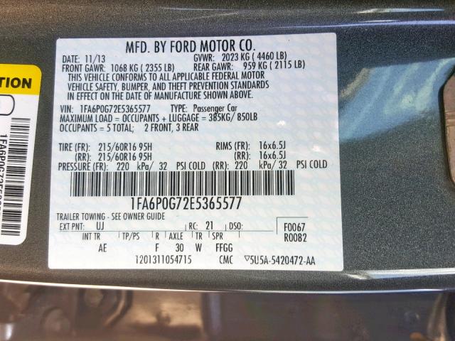 1FA6P0G72E5365577 - 2014 FORD FUSION S GRAY photo 10