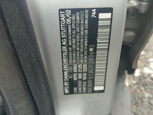 WDBRF61J62F289643 - 2002 MERCEDES-BENZ C 240 SILVER photo 10