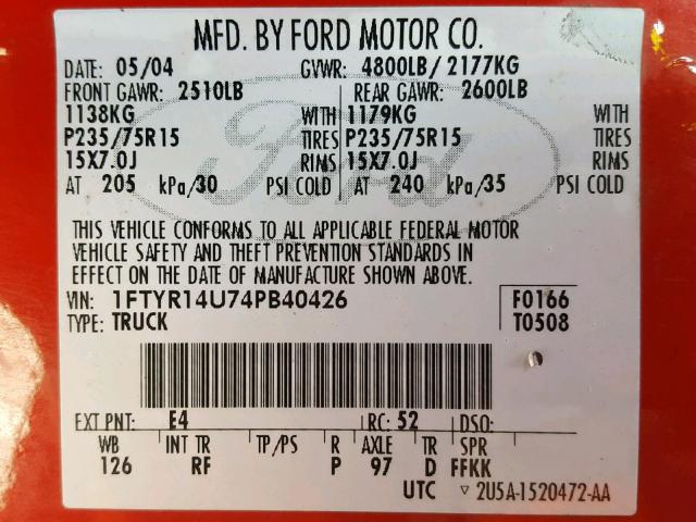 1FTYR14U74PB40426 - 2004 FORD RANGER SUP RED photo 10