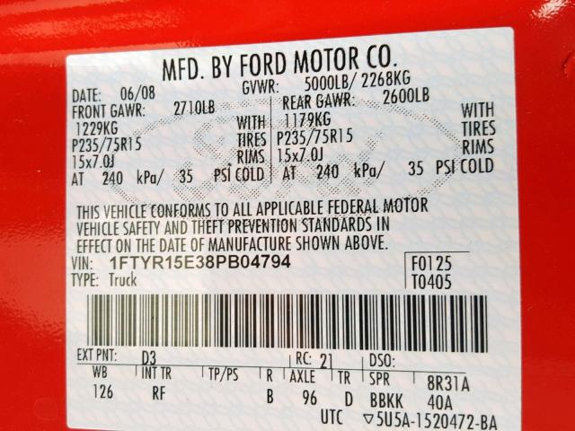 1FTYR15E38PB04794 - 2008 FORD RANGER SUP RED photo 10