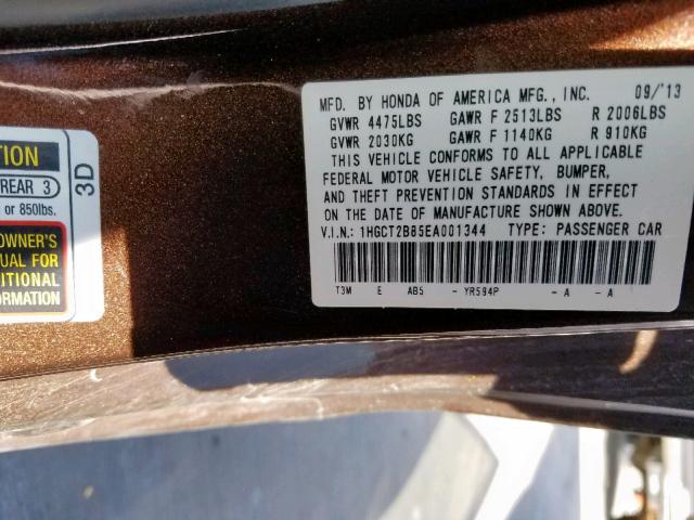 1HGCT2B85EA001344 - 2014 HONDA ACCORD EXL BROWN photo 10