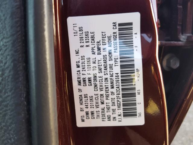 1HGCP2F82CA036564 - 2012 HONDA ACCORD EXL BURGUNDY photo 10