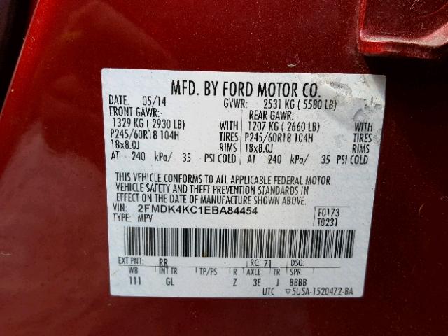 2FMDK4KC1EBA84454 - 2014 FORD EDGE LIMIT RED photo 10