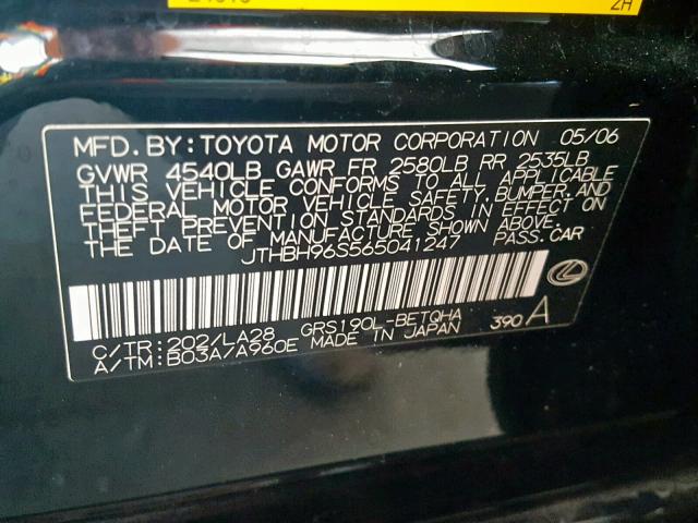 JTHBH96S565041247 - 2006 LEXUS GS 300 BLACK photo 10