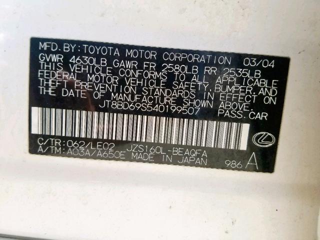 JT8BD69S540199507 - 2004 LEXUS GS 300 WHITE photo 10