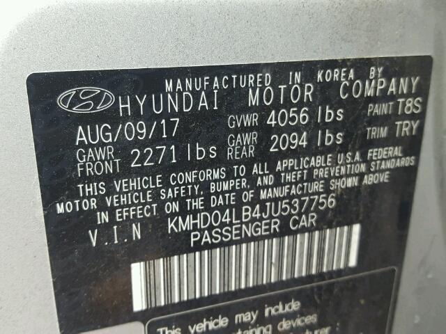 KMHD04LB4JU537756 - 2018 HYUNDAI ELANTRA SP SILVER photo 10