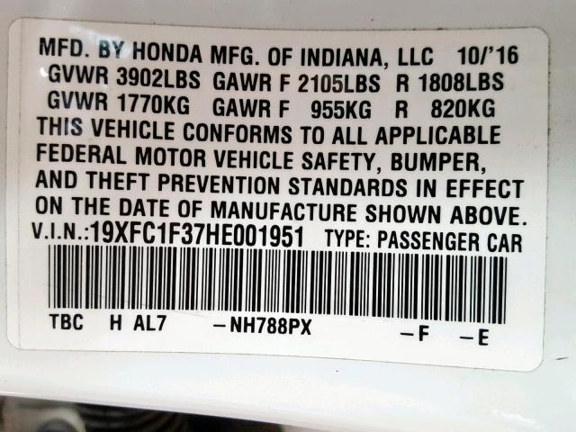 19XFC1F37HE001951 - 2017 HONDA CIVIC EX WHITE photo 10