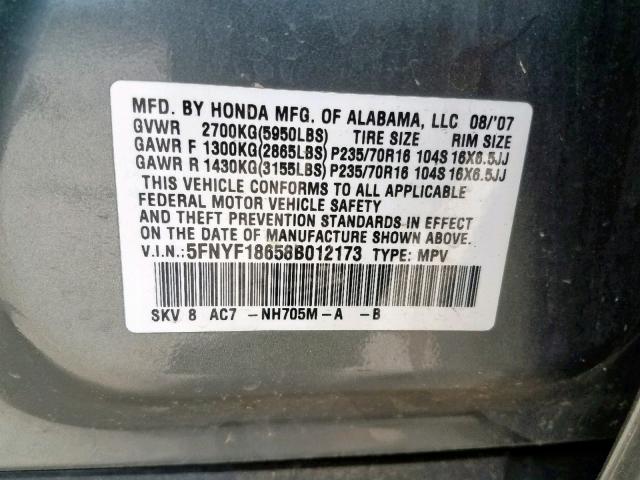 5FNYF18658B012173 - 2008 HONDA PILOT EXL GREEN photo 10