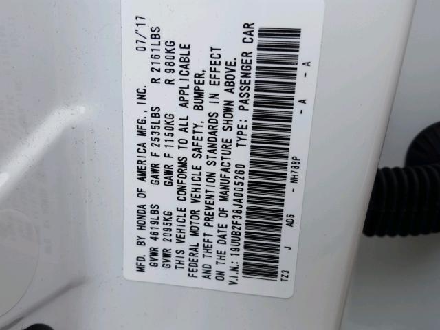 19UUB2F38JA005260 - 2018 ACURA TLX WHITE photo 10