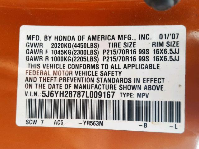 5J6YH28787L009167 - 2007 HONDA ELEMENT EX ORANGE photo 10