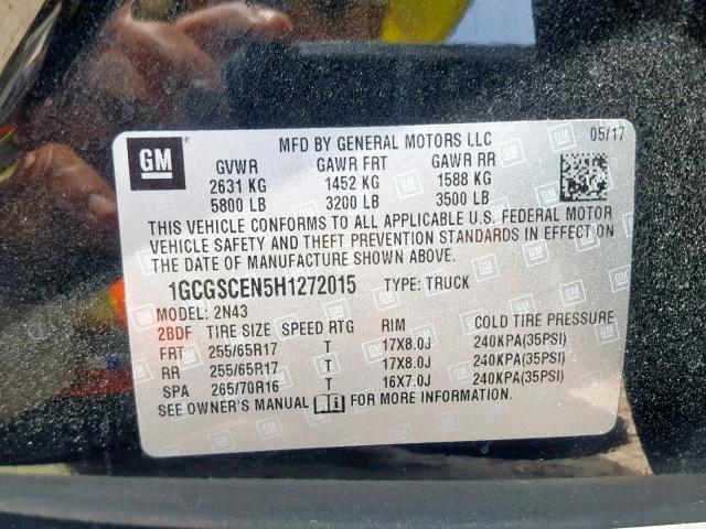 1GCGSCEN5H1272015 - 2017 CHEVROLET COLORADO L BLACK photo 10