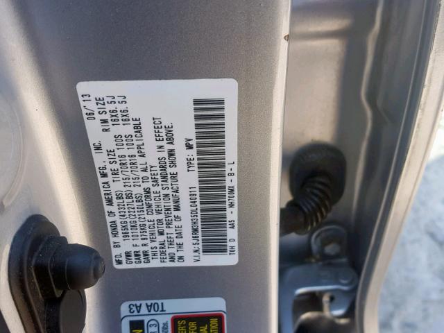 5J6RM3H35DL040911 - 2013 HONDA CR-V LX SILVER photo 10