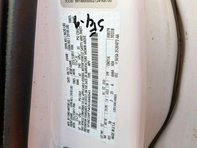 1FMCU0F74GUA66541 - 2016 FORD ESCAPE S WHITE photo 10