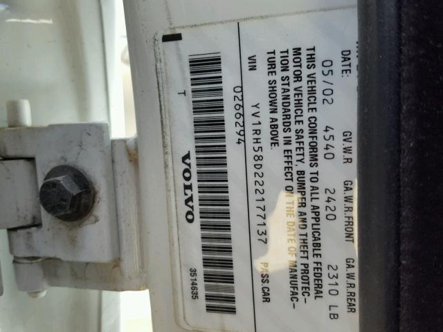 YV1RH58D222177137 - 2002 VOLVO S60 2.5T WHITE photo 10