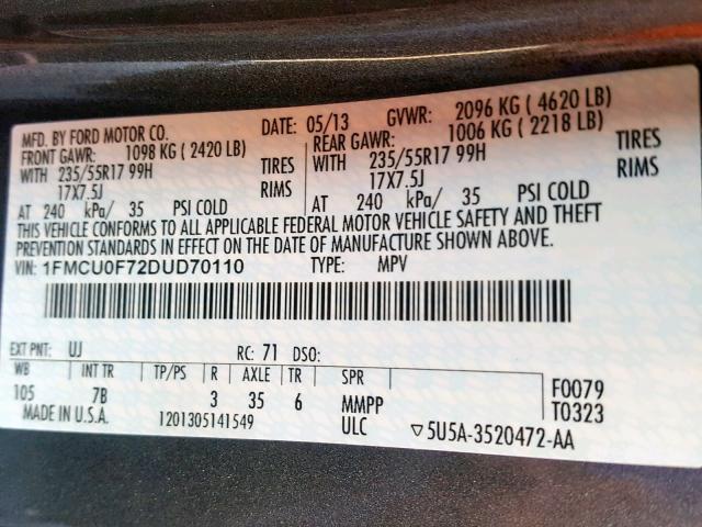 1FMCU0F72DUD70110 - 2013 FORD ESCAPE S GRAY photo 10