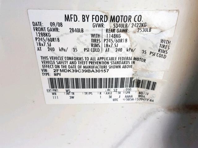 2FMDK39C39BA30157 - 2009 FORD EDGE LIMIT WHITE photo 10