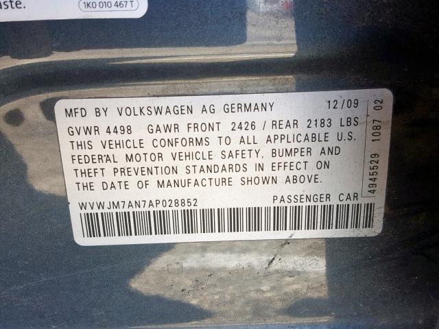 WVWJM7AN7AP028852 - 2010 VOLKSWAGEN PASSAT KOM GRAY photo 10