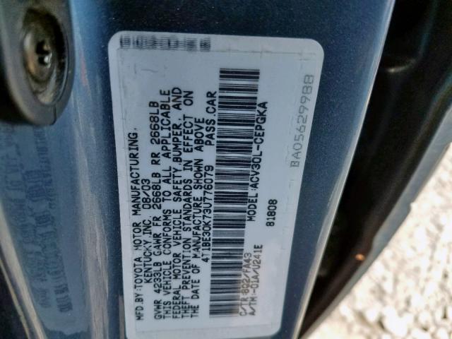 4T1BE30K73U776079 - 2003 TOYOTA CAMRY LE BLUE photo 10