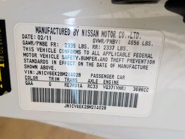 JN1CV6EK2BM214028 - 2011 INFINITI G37 BASE WHITE photo 10