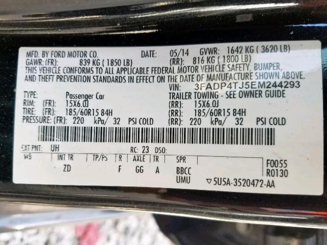 3FADP4TJ5EM244293 - 2014 FORD FIESTA S BLACK photo 10