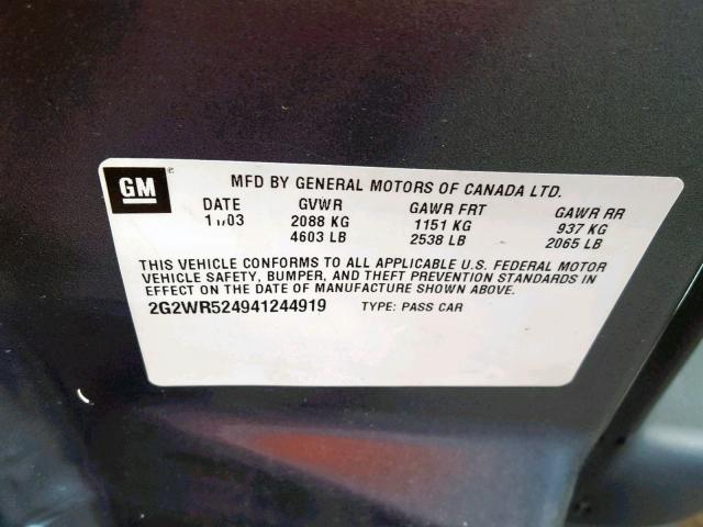 2G2WR524941244919 - 2004 PONTIAC GRAND PRIX GRAY photo 10