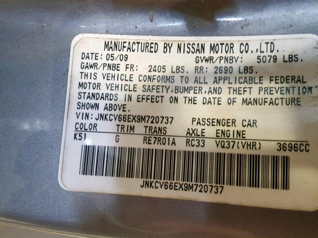 JNKCV66EX9M720737 - 2009 INFINITI G37 BASE GRAY photo 10