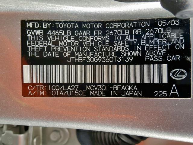 JTHBF30G936013139 - 2003 LEXUS ES 300 SILVER photo 10